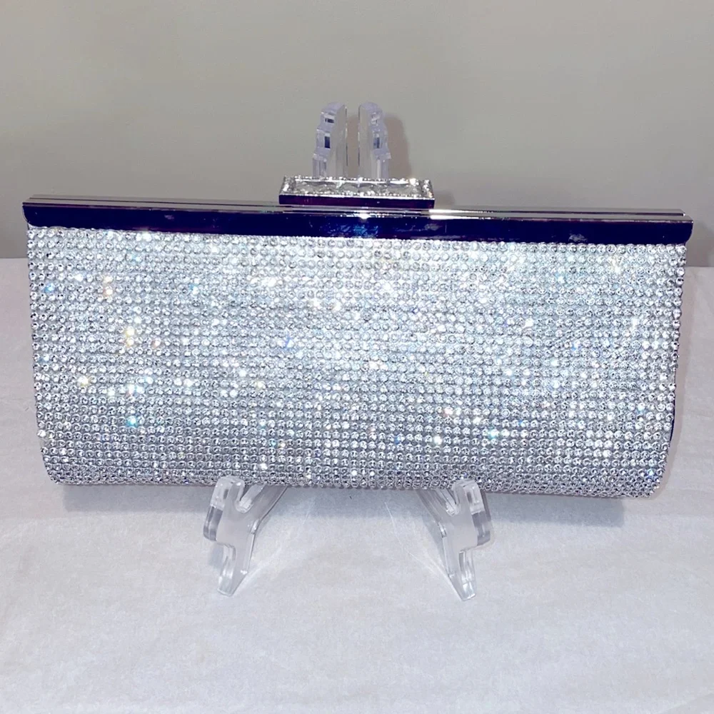Mettalic Silver and Rhinestone Embellished Clutch or Crossbody Bag 9”x4”